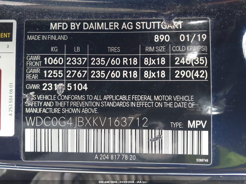 2019 Mercedes-benz Glc VIN WDC0G4JBXKV163712 IAAI salvage auction — RIGHT SIDE, Salvage (Oregon), sold $3,250 on 2026-07-21 (photo 9)