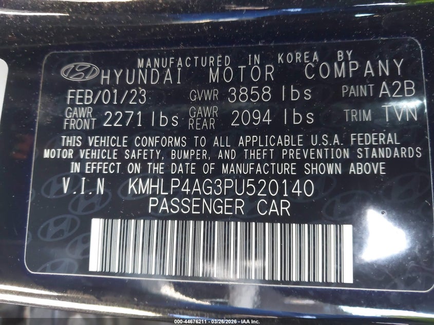 2023 Hyundai Elantra VIN KMHLP4AG3PU520140 IAAI salvage auction — RIGHT REAR, Wait Title, sold $6,300 on 2026-07-28 (photo 9)