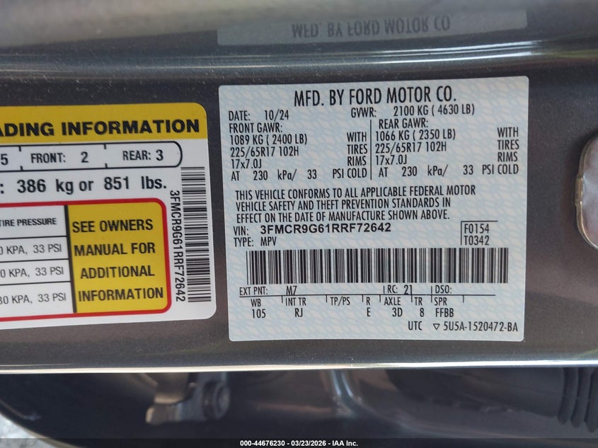 2024 Ford Bronco sport VIN 3FMCR9G61RRF72642 IAAI salvage auction — REAR END, Salvage Title, sold $8,200 on 2026-07-26 (photo 9)