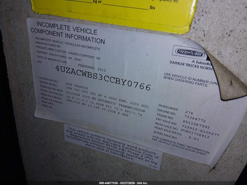 2012 Freightliner Chassis VIN 4UZACWBS3CCBY0766 IAAI salvage auction — SIDE, Rebuildable (Florida), sold $22,200 on 2026-07-08 (photo 9)