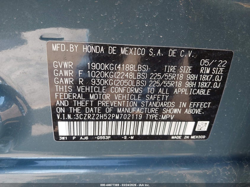 2023 Honda Hr-v VIN 3CZRZ2H52PM702119 IAAI salvage auction — LEFT FRONT, Salvage (Massachusetts), sold $4,950 on 2026-07-17 (photo 9)