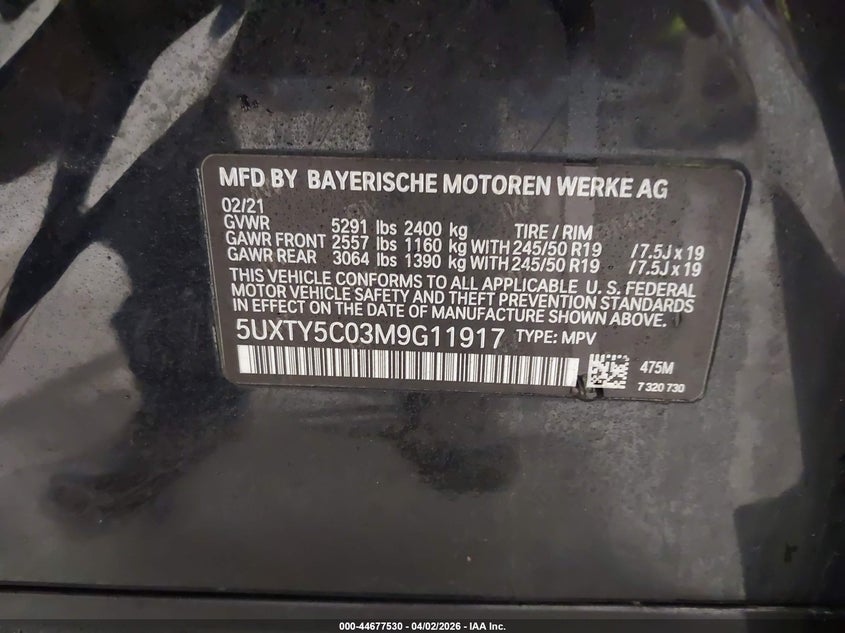 2021 BMW X3 VIN 5UXTY5C03M9G11917 IAAI salvage auction — FRONT END, Wait Title, sold $14,100 on 2026-07-29 (photo 9)