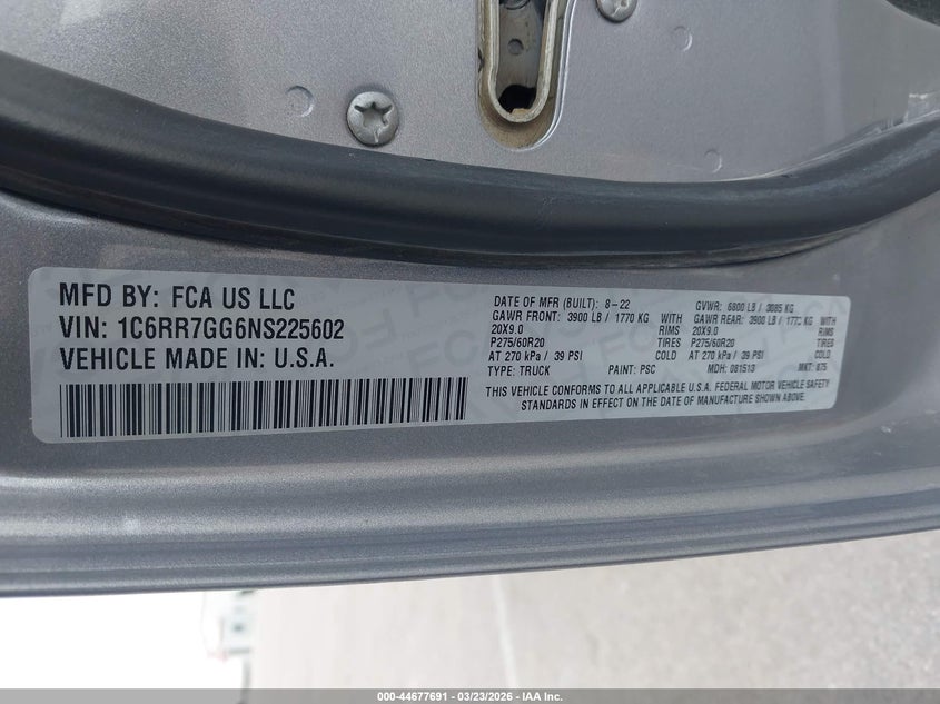 2022 Ram 1500 VIN 1C6RR7GG6NS225602 IAAI salvage auction — SIDE, Wait Title, sold $2,800 on 2026-07-12 (photo 9)