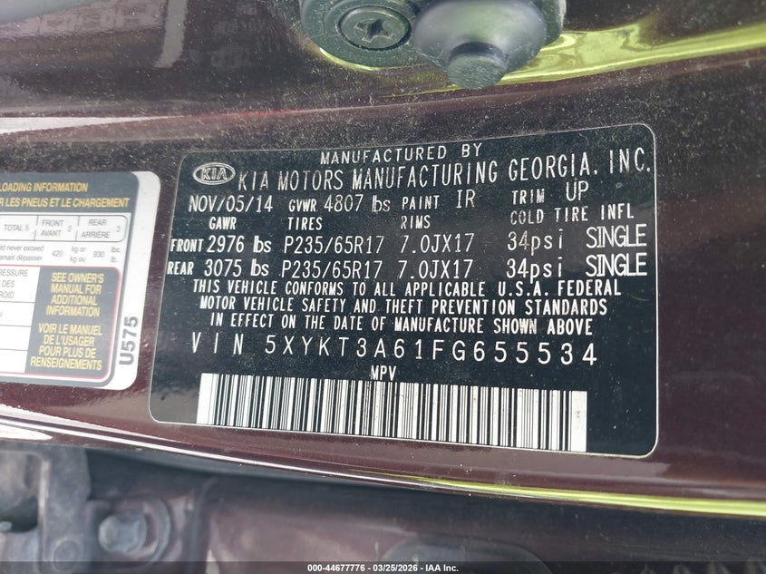 2015 Kia Sorento VIN 5XYKT3A61FG655534 IAAI salvage auction — TRANSMISSION, Wait Title, sold $175 on 2026-07-29 (photo 9)