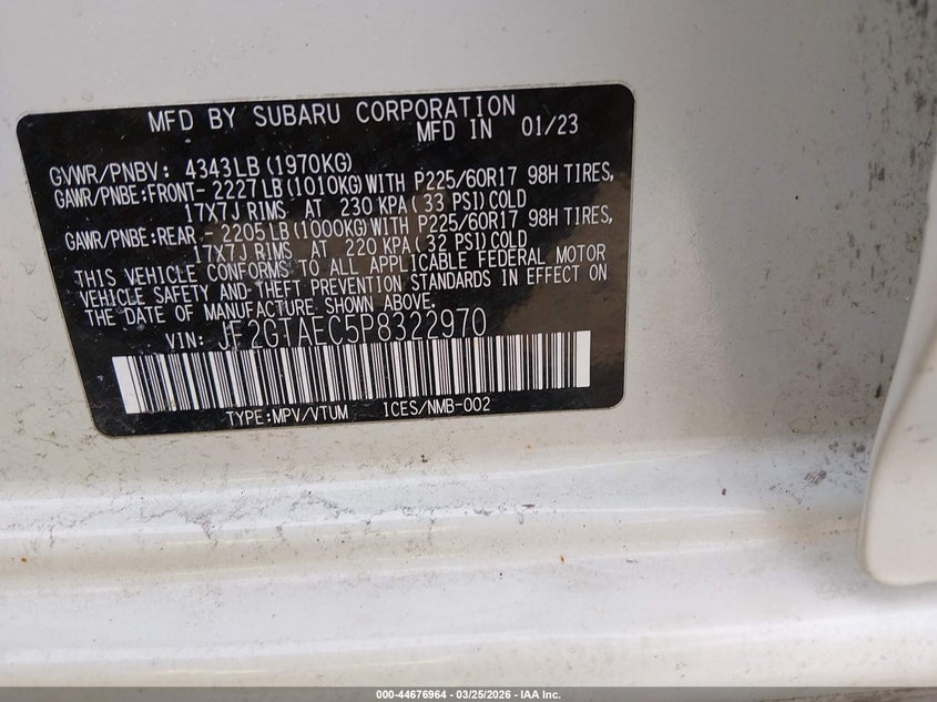 2023 Subaru Xv VIN JF2GTAEC5P8322970 IAAI salvage auction — REAR END, Wait Title, sold $7,150 on 2026-07-14 (photo 9)
