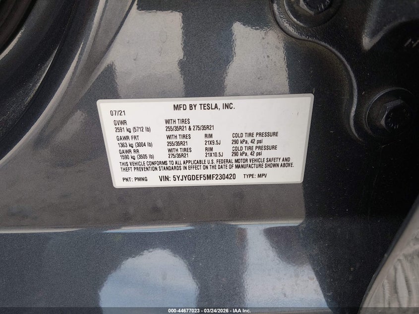 2021 Tesla Model y VIN 5YJYGDEF5MF230420 IAAI salvage auction — SIDE, Salvage (Kentucky), sold $5,900 on 2026-07-10 (photo 9)