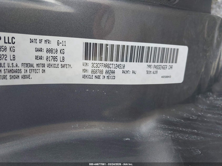 2012 Fiat 500 VIN 3C3CFFAR6CT124510 IAAI salvage auction — NORMAL WEAR, Clear (New York), sold $525 on 2026-08-12 (photo 9)