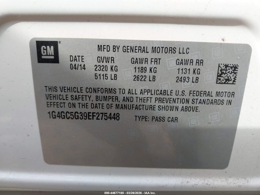 2014 Buick Lacrosse VIN 1G4GC5G39EF275448 IAAI salvage auction — LEFT REAR, Wait Title, sold $725 on 2026-07-10 (photo 9)