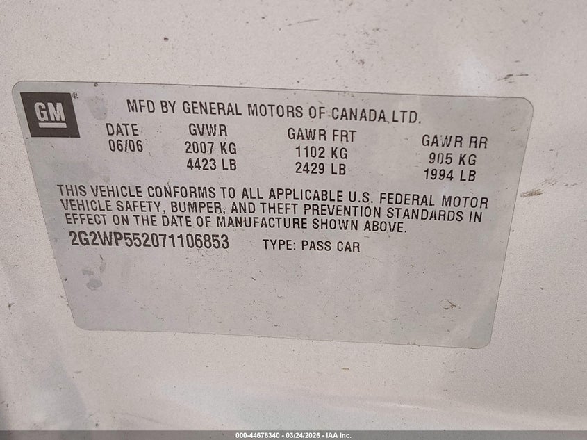 2007 Pontiac Grand prix VIN 2G2WP552071106853 IAAI salvage auction — LEFT & RIGHT, Salvage (Texas), sold $250 on 2026-07-18 (photo 9)