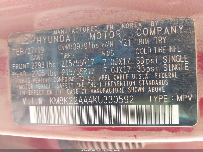 2019 Hyundai Kona VIN KM8K22AA4KU330592 IAAI salvage auction — WATER/FLOOD, Wait Title, sold $25 on 2026-07-28 (photo 9)