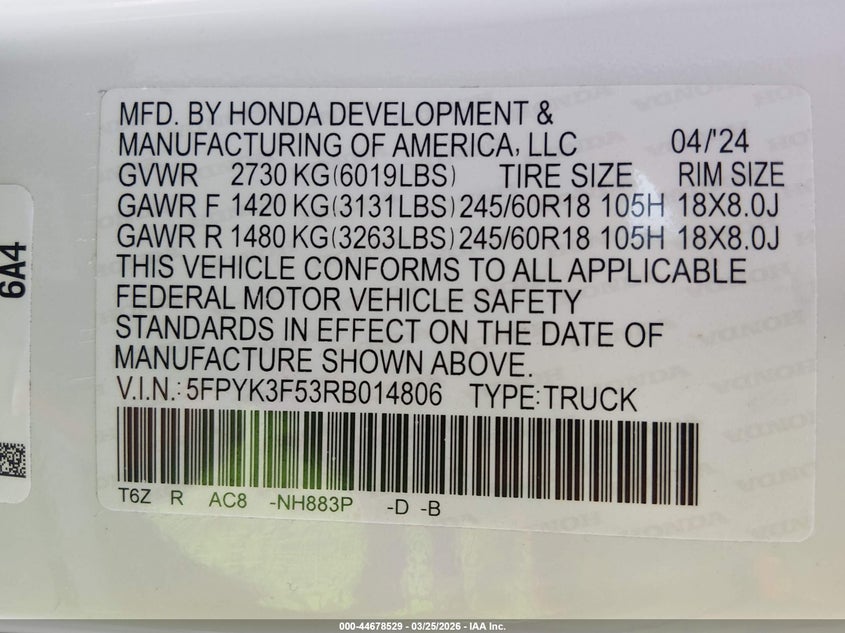 2024 Honda Ridgeline VIN 5FPYK3F53RB014806 IAAI salvage auction — FRONT END, Wait Title, sold $9,800 on 2026-07-29 (photo 9)