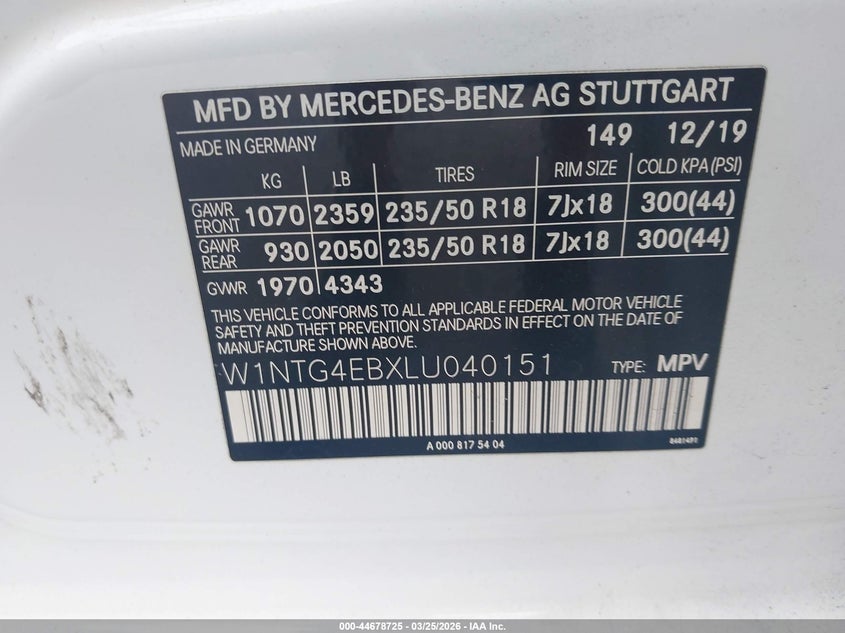 2020 Mercedes-benz Gla-klasse VIN W1NTG4EBXLU040151 IAAI salvage auction — FRONT END, Wait Title, sold $3,800 on 2026-07-31 (photo 9)