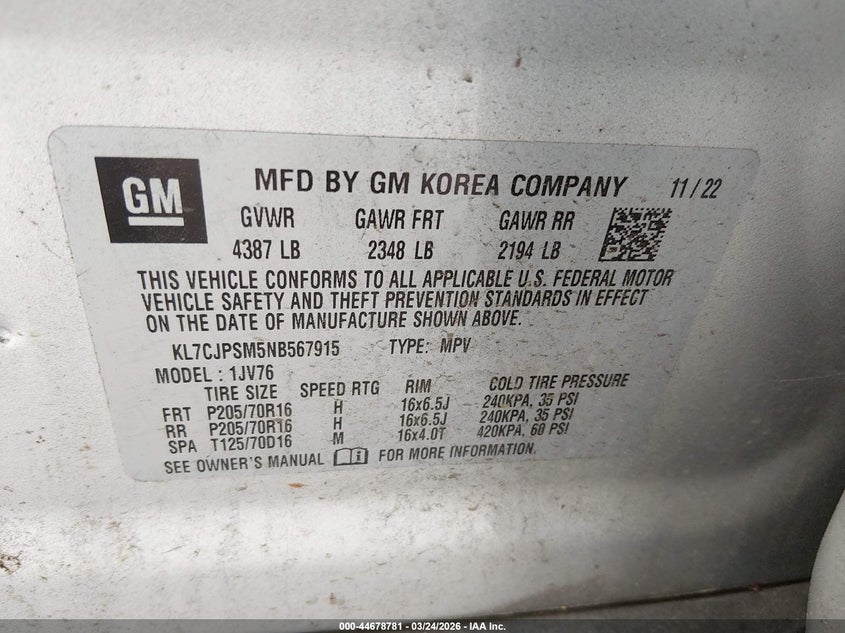 2022 Chevrolet Trax VIN KL7CJPSM5NB567915 IAAI salvage auction — FRONT END, Wait Title, sold $25 on 2026-07-29 (photo 9)