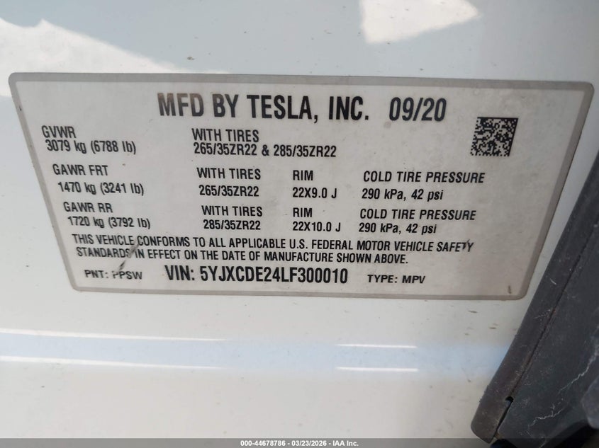 2020 Tesla Model x VIN 5YJXCDE24LF300010 IAAI salvage auction — HAIL, Salvage (Illinois), sold $10,300 on 2026-07-09 (photo 9)