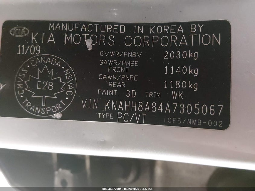 2010 Kia Rondo VIN KNAHH8A84A7305067 IAAI salvage auction — SIDE, Non-Usa Canadian (Vermont), sold $125 on 2026-07-23 (photo 9)