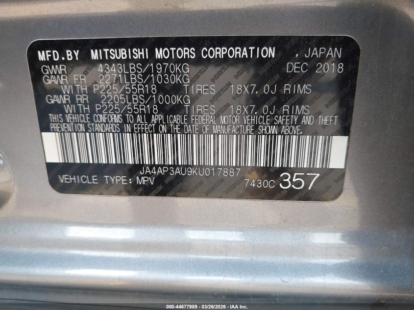 2019 Mitsubishi Outlander VIN JA4AP3AU9KU017887 IAAI salvage auction — LEFT SIDE, Wait Title, sold $3,150 on 2026-07-08 (photo 9)