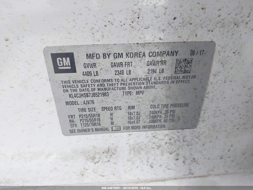 2018 Buick Encore VIN KL4CJHSB7JB521983 IAAI salvage auction — LEFT FRONT, Regular Certificate (Iowa), sold $1,500 on 2026-07-28 (photo 9)