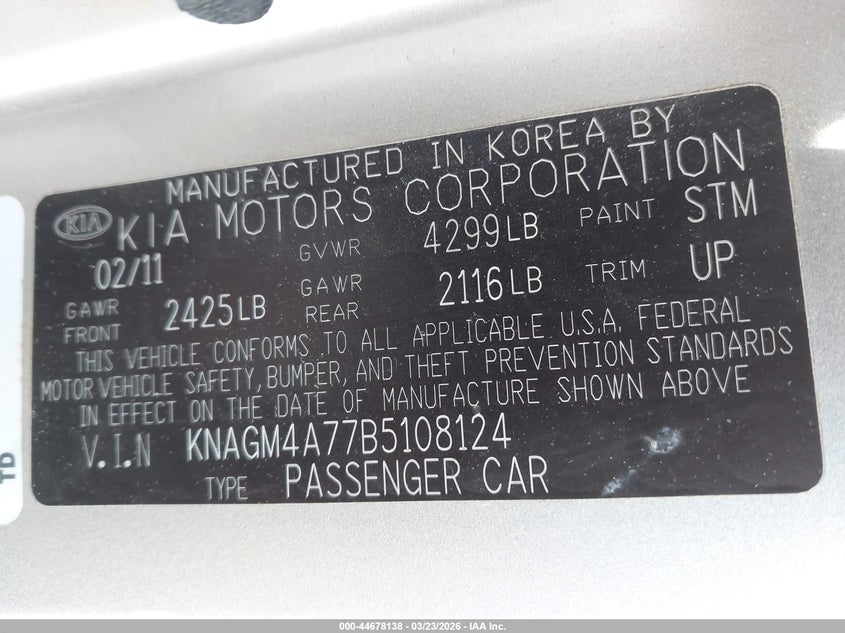 2011 Kia Optima VIN KNAGM4A77B5108124 IAAI salvage auction — FRONT END, Salvage (California), sold $275 on 2026-07-20 (photo 9)