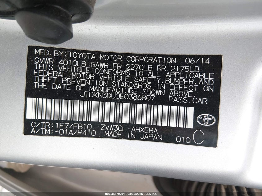 2014 Toyota Prius VIN JTDKN3DU0E0386807 IAAI salvage auction — RIGHT REAR, Salvage (Ohio), sold $1,300 on 2026-07-14 (photo 9)
