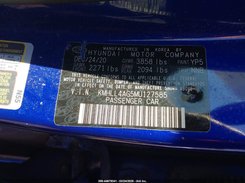 2021 Hyundai Elantra VIN KMHLL4AG5MU127585 IAAI salvage auction — FRONT END, Wait Title, sold $1,500 on 2026-07-24 (photo 9)