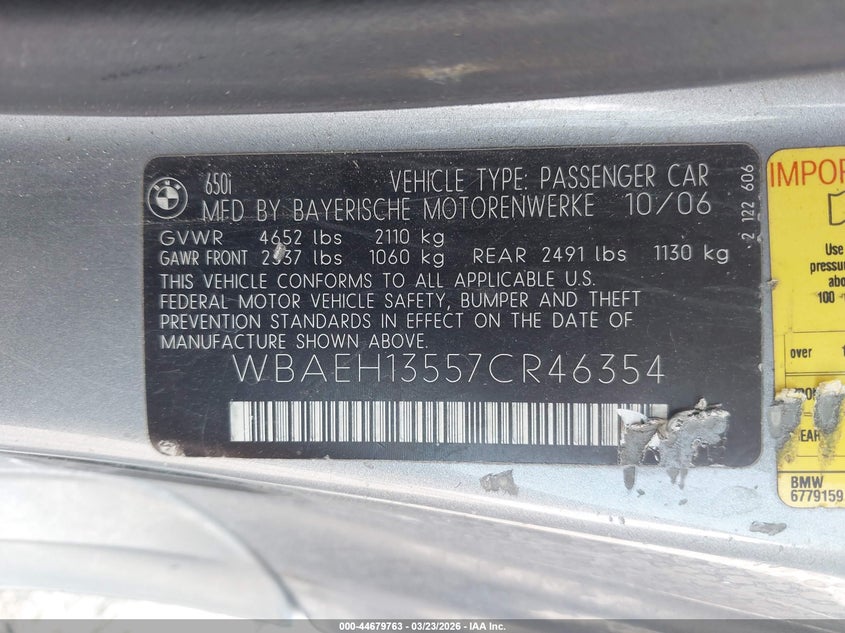 2007 BMW 6er VIN WBAEH13557CR46354 IAAI salvage auction — NORMAL WEAR, Clear (Michigan), sold $1,450 on 2026-07-07 (photo 9)