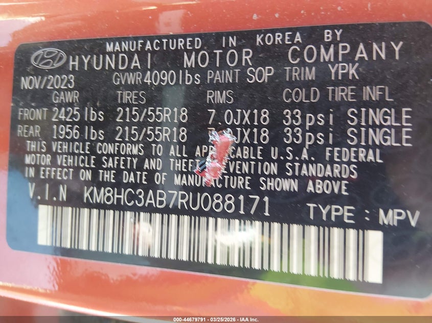 2024 Hyundai Kona VIN KM8HC3AB7RU088171 IAAI salvage auction — FRONT END, Salvage (Kansas), sold $8,575 on 2026-07-24 (photo 9)