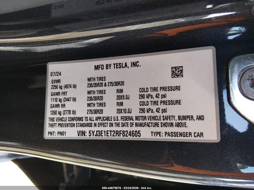2024 Tesla Model 3 VIN 5YJ3E1ET2RF824605 IAAI salvage auction — LEFT FRONT, Wait Title, sold $17,700 on 2026-07-24 (photo 9)