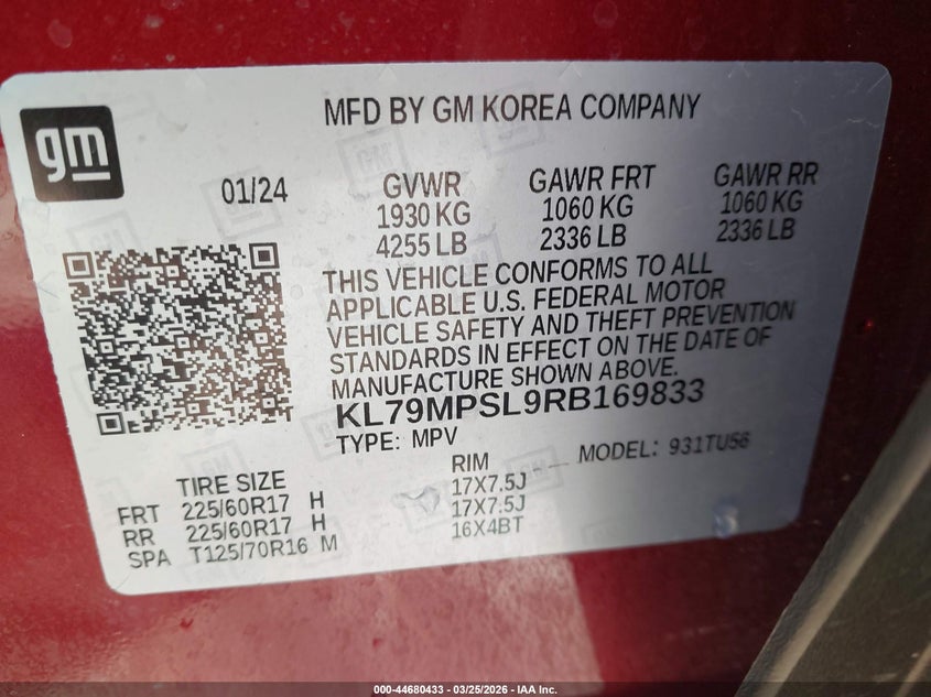 2024 Chevrolet Trailblazer VIN KL79MPSL9RB169833 IAAI salvage auction — FRONT & REAR, Wait Title, sold $3,100 on 2026-07-14 (photo 9)