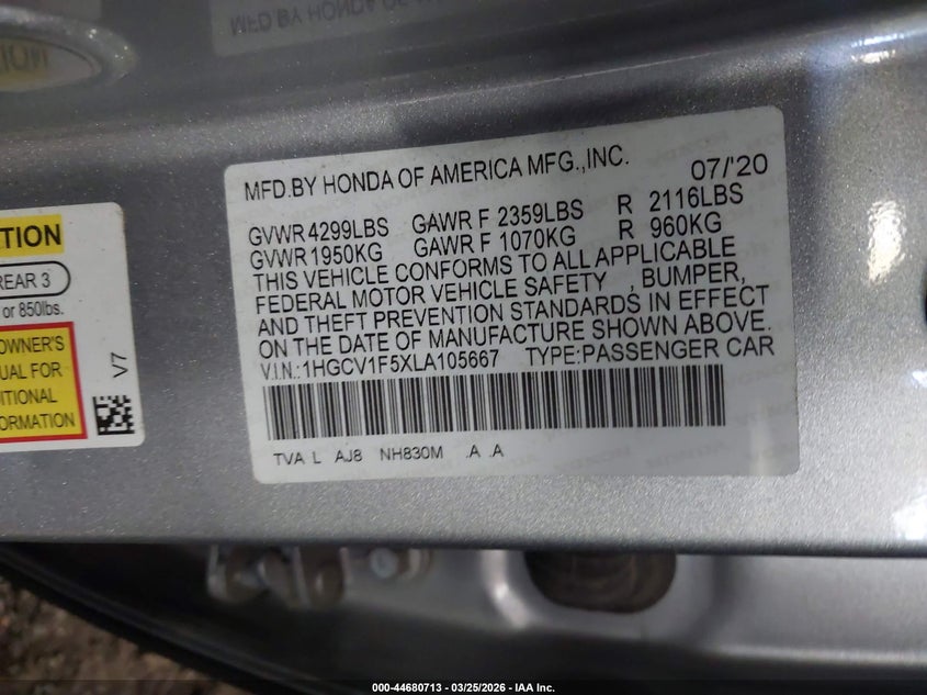 2020 Honda Accord VIN 1HGCV1F5XLA105667 IAAI salvage auction — FRONT END, Clear (Virginia), sold $5,300 on 2026-07-25 (photo 9)