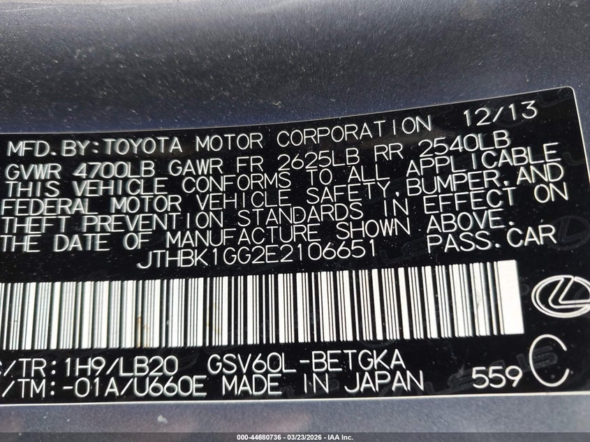 2014 Lexus ES VIN JTHBK1GG2E2106651 IAAI salvage auction — FRONT END, Wait Title, sold $2,350 on 2026-07-27 (photo 9)