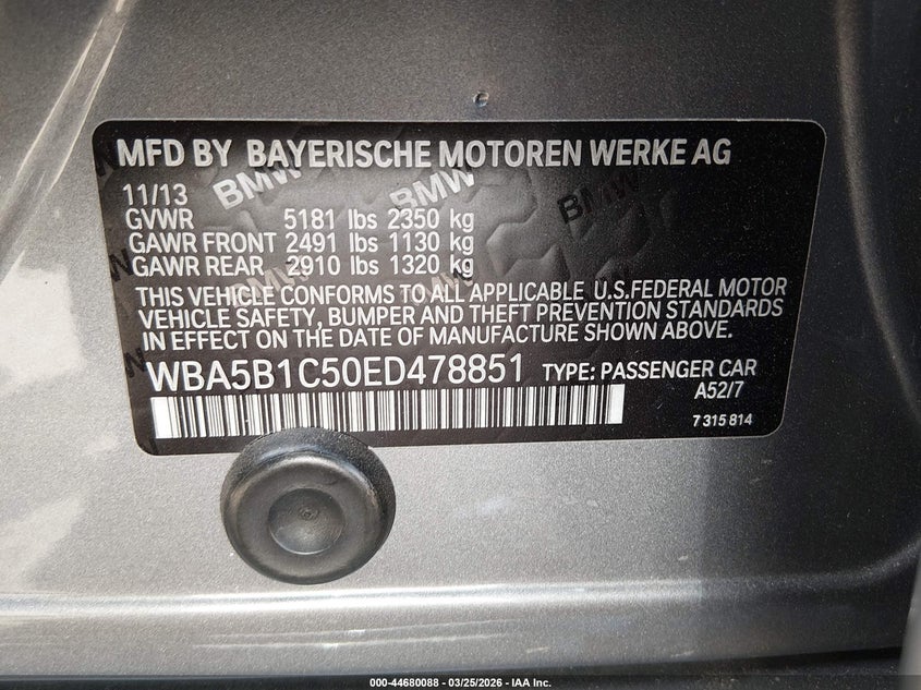 2014 BMW 5er VIN WBA5B1C50ED478851 IAAI salvage auction — FRONT END, Wait Title, sold $650 on 2026-07-28 (photo 9)