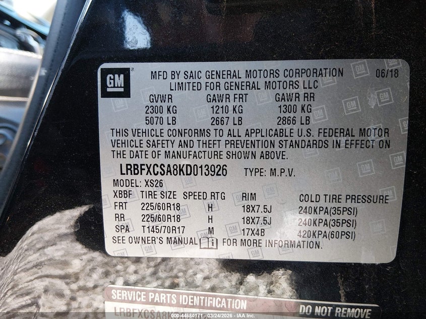 2019 Buick Envision VIN LRBFXCSA8KD013926 IAAI salvage auction — LEFT FRONT, Original (Kentucky), sold $1,800 on 2026-07-15 (photo 9)