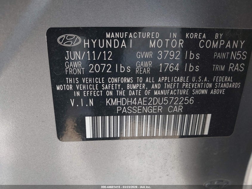 2013 Hyundai Elantra VIN KMHDH4AE2DU572256 IAAI salvage auction — RIGHT FRONT, Salvage Title, sold $1,750 on 2026-07-08 (photo 9)