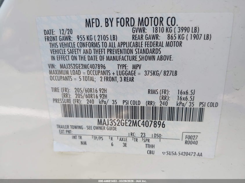 2021 Ford Ecosport VIN MAJ3S2GE2MC407896 IAAI salvage auction — SIDE, Wait Title, sold $1,200 on 2026-07-16 (photo 9)