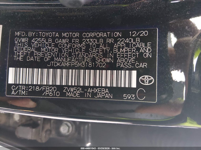 2021 Toyota Prius VIN JTDKAMFP5M3181702 IAAI salvage auction — FRONT END, Wait Title, sold $10,850 on 2026-07-16 (photo 9)