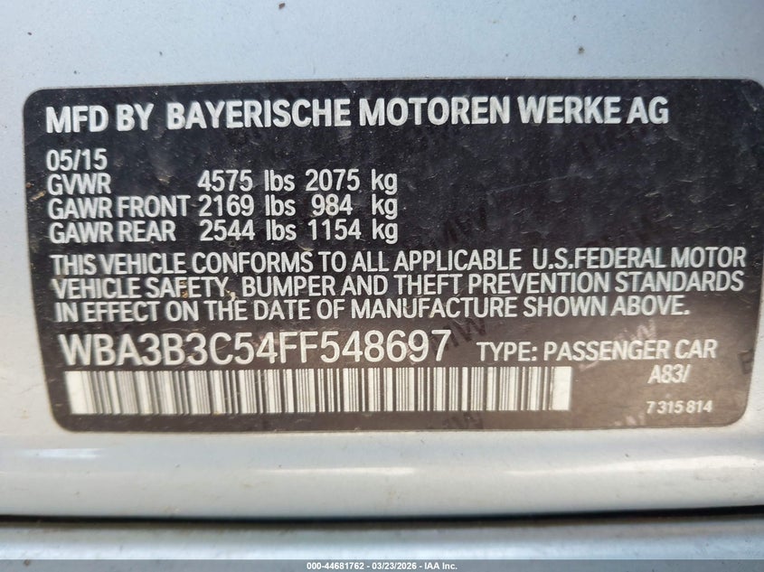 2015 BMW 3er VIN WBA3B3C54FF548697 IAAI salvage auction — RIGHT SIDE, Wait Title, sold $2,400 on 2026-07-29 (photo 9)