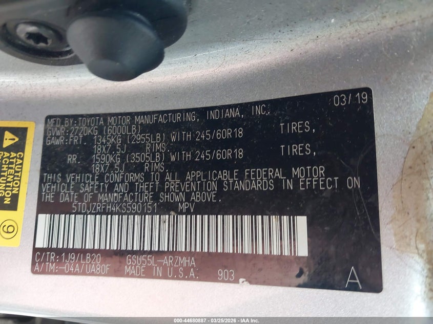 2019 Toyota Highlander VIN 5TDJZRFH4KS590151 IAAI salvage auction — FRONT END, Wait Title, sold $3,000 on 2026-07-23 (photo 9)