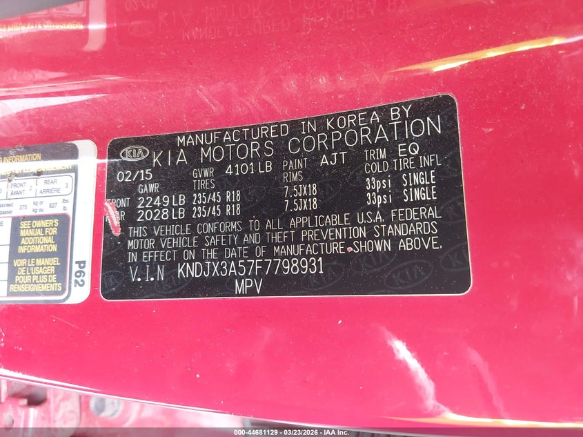 2015 Kia Soul VIN KNDJX3A57F7798931 IAAI salvage auction — LEFT SIDE, Wait Title, sold $1,250 on 2026-07-14 (photo 9)