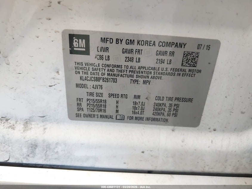 2015 Buick Encore VIN KL4CJCSB8FB261703 IAAI salvage auction — FRONT & REAR, Salvage Title, sold $550 on 2026-07-29 (photo 9)