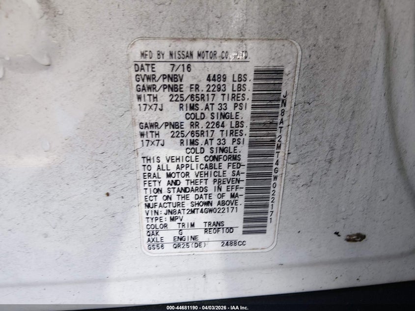 2016 Nissan Rogue VIN JN8AT2MT4GW022171 IAAI salvage auction — RIGHT SIDE, Wait Title, sold $625 on 2026-07-15 (photo 9)