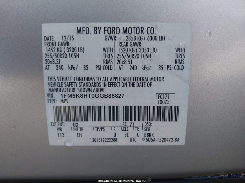 2016 Ford Explorer VIN 1FM5K8HT0GGB86827 IAAI salvage auction — LEFT REAR, Salvage (California), sold $3,350 on 2026-07-09 (photo 9)