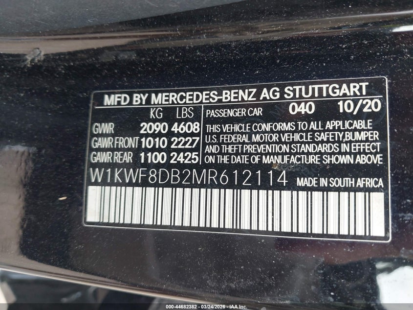 2021 Mercedes-benz C-klasse VIN W1KWF8DB2MR612114 IAAI salvage auction — FRONT END, Wait Title, sold $7,400 on 2026-07-09 (photo 9)