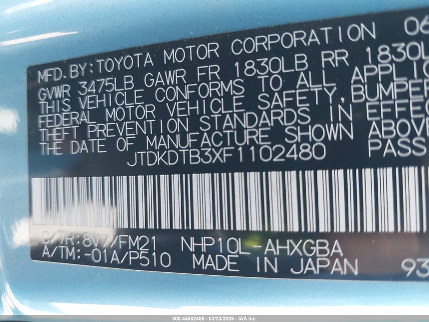 2015 Toyota Prius c VIN JTDKDTB3XF1102480 IAAI salvage auction — REAR END, Salvage (California), sold $1,250 on 2026-07-29 (photo 9)