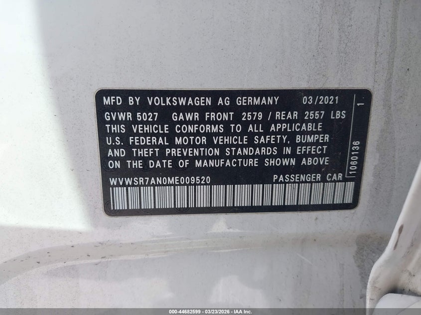 2021 Volkswagen Arteon VIN WVWSR7AN0ME009520 IAAI salvage auction — SIDE, Salvage (Illinois), sold $8,300 on 2026-08-08 (photo 9)