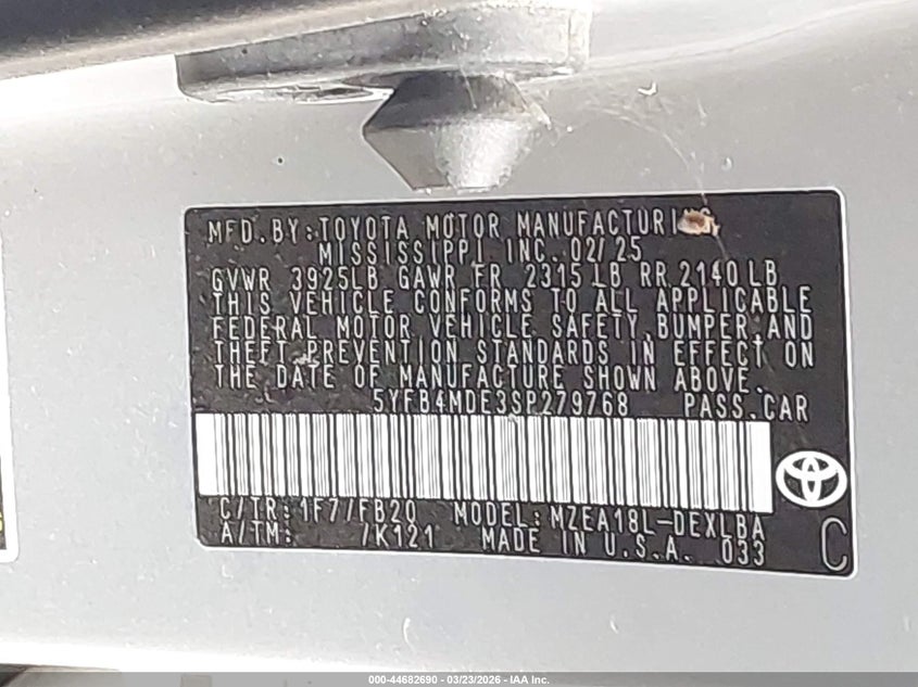 2025 Toyota Corolla VIN 5YFB4MDE3SP279768 IAAI salvage auction — ROLLOVER, Certificate Of Destruction (Florida), sold $1,200 on 2026-07-13 (photo 9)