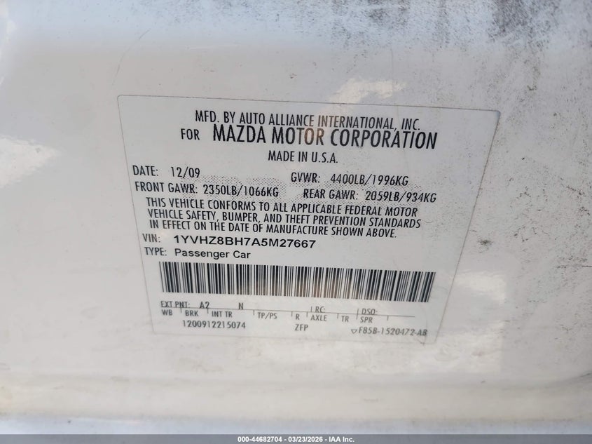 2010 Mazda 6 VIN 1YVHZ8BH7A5M27667 IAAI salvage auction — RIGHT FRONT, Salvage (California), sold $350 on 2026-07-09 (photo 9)