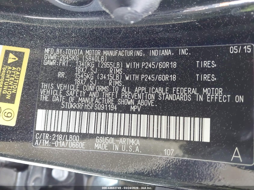 2015 Toyota Highlander VIN 5TDKKRFH5FS091194 IAAI salvage auction — UNKNOWN, Salvage Title, sold $6,150 on 2026-07-14 (photo 9)
