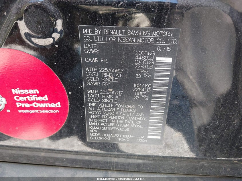 2015 Nissan Rogue VIN KNMAT2MT5FP532159 IAAI salvage auction — LEFT REAR, Wait Title, sold $800 on 2026-07-06 (photo 9)
