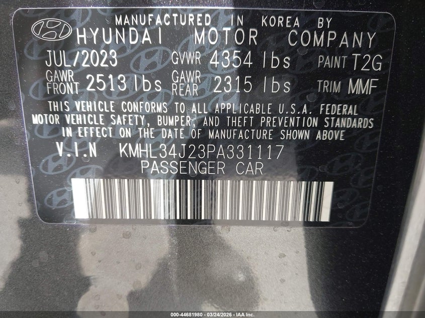 2023 Hyundai Sonata VIN KMHL34J23PA331117 IAAI salvage auction — FRONT END, Salvage (Texas), sold $8,500 on 2026-07-22 (photo 9)
