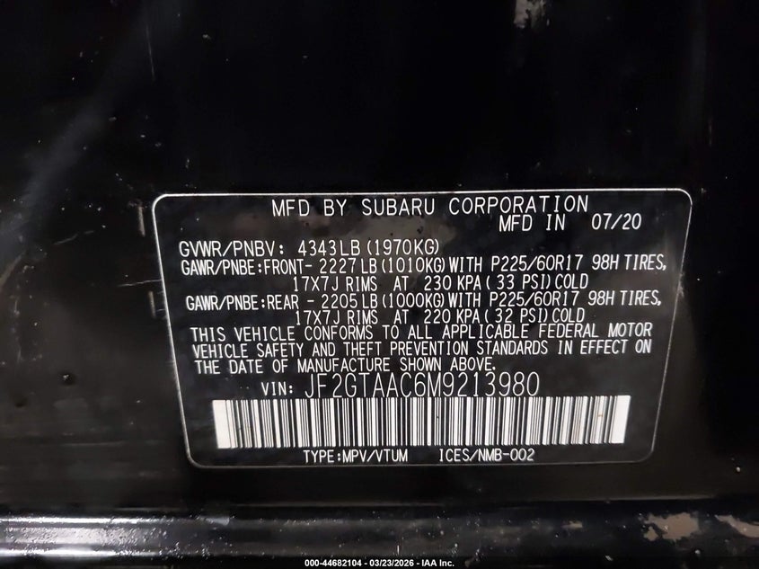 2021 Subaru Xv VIN JF2GTAAC6M9213980 IAAI salvage auction — RIGHT SIDE, Wait Title, sold $1,875 on 2026-07-27 (photo 9)